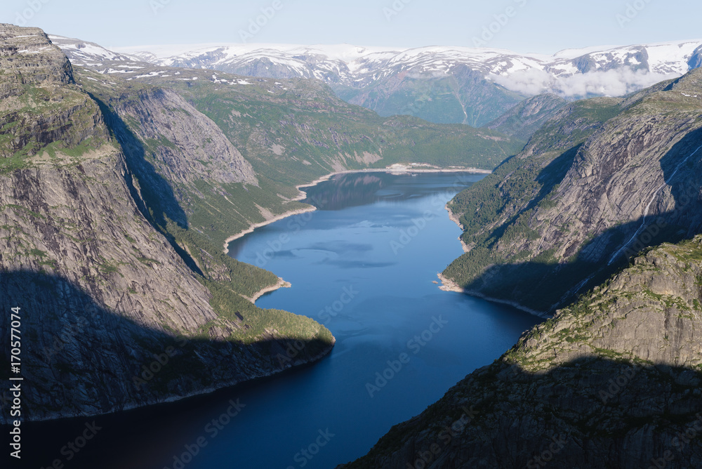 View from the Trolltunga cliff in Norway View from the Trolltunga cliff in Norway