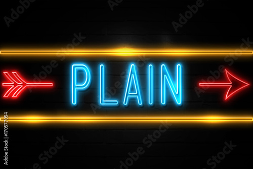 Plain - fluorescent Neon Sign on brickwall Front view