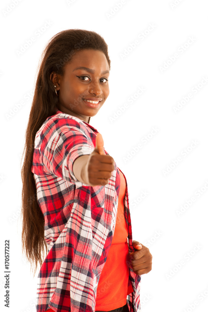 Attractive young woman gesturing success with thumb up isolated over white background Attractive young woman gesturing success with thumb up isolated over white background