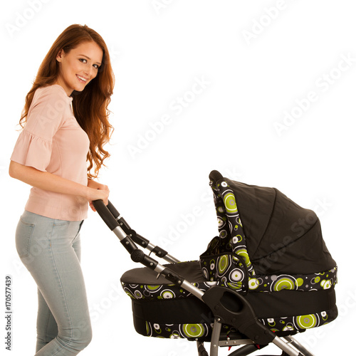 attractive Beautiful young woman with baby strollerisolated over white background