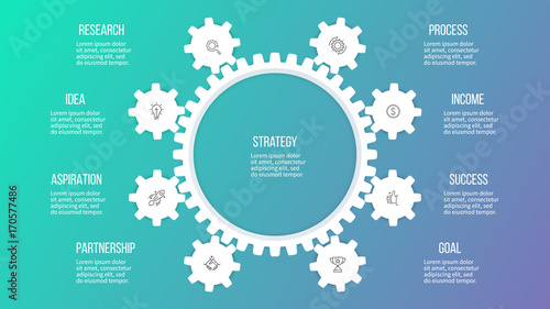 Business hierarchy infographic. Organization chart with 8 options, gears. Vector template.
