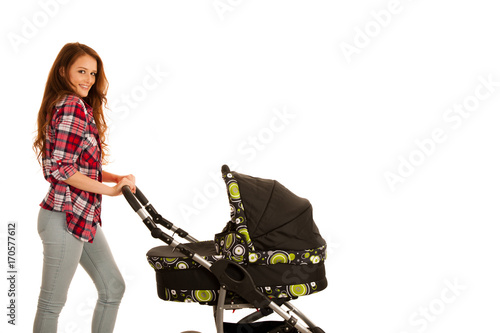 attractive Beautiful young woman with baby stroller isolated over white background