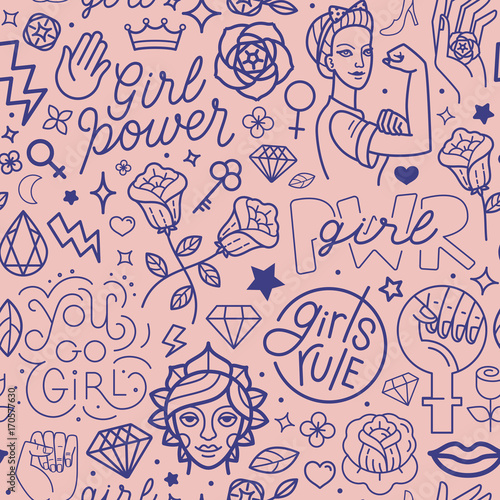 Vector seamless pattern with icon and hand-lettering phrases related to girl power