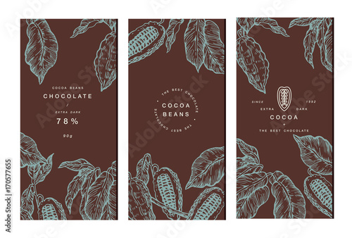 Cocoa bean tree banner collection. Design templates. Engraved style illustration. Chocolate cocoa beans. Vector illustration