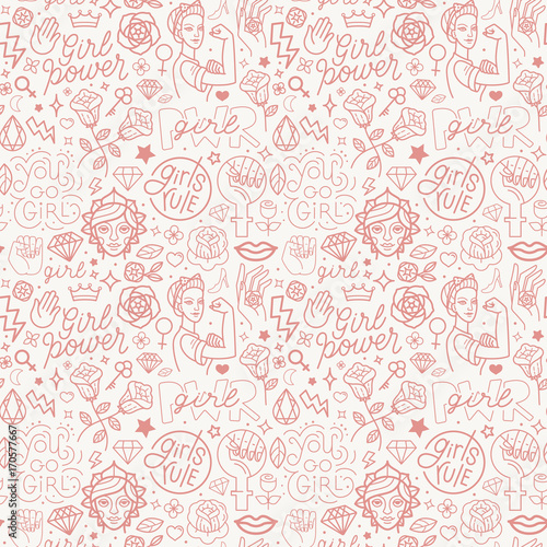 Vector seamless pattern with icon and hand-lettering phrases related to girl power