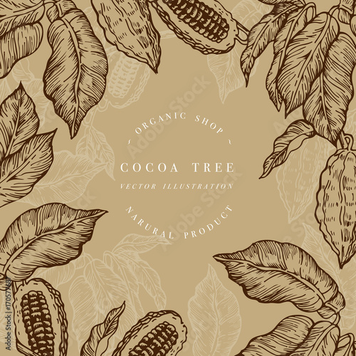 Cocoa bean tree design template. Engraved style illustration. Chocolate cocoa beans. Vector illustration