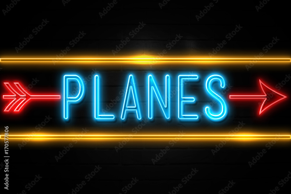 Planes - fluorescent Neon Sign on brickwall Front view Planes - fluorescent Neon Sign on brickwall Front view