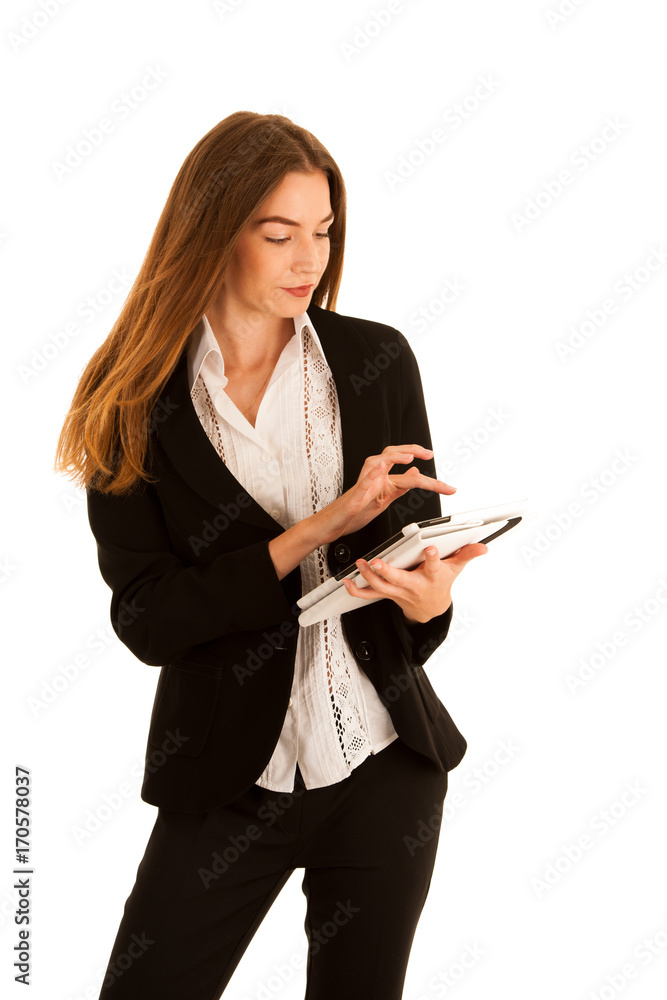 attractive young business woman checking data on a tablet computer isolated over white attractive young business woman checking data on a tablet computer isolated over white
