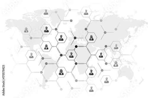 Network grid illustration with business people icons over world map