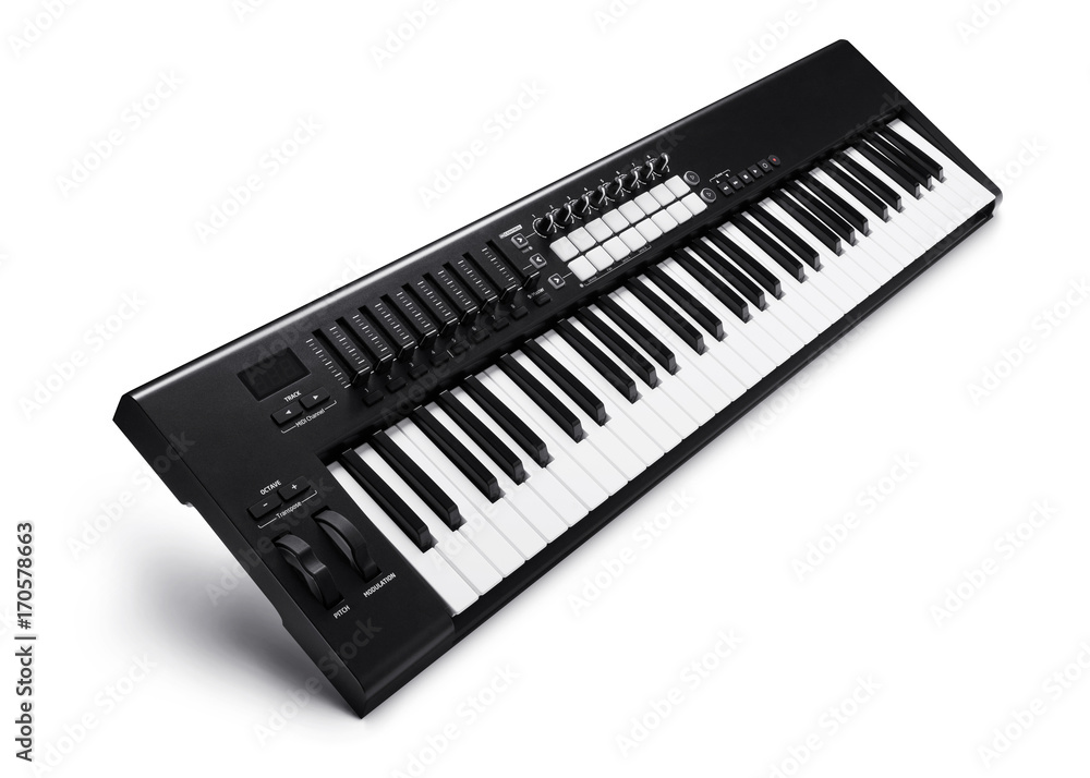 Electronic synthesizer piano isolated on white with clipping path Electronic synthesizer piano isolated on white with clipping path