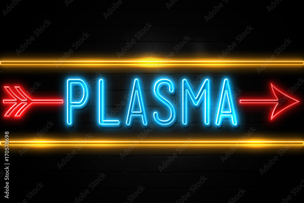 Plasma - fluorescent Neon Sign on brickwall Front view Plasma - fluorescent Neon Sign on brickwall Front view