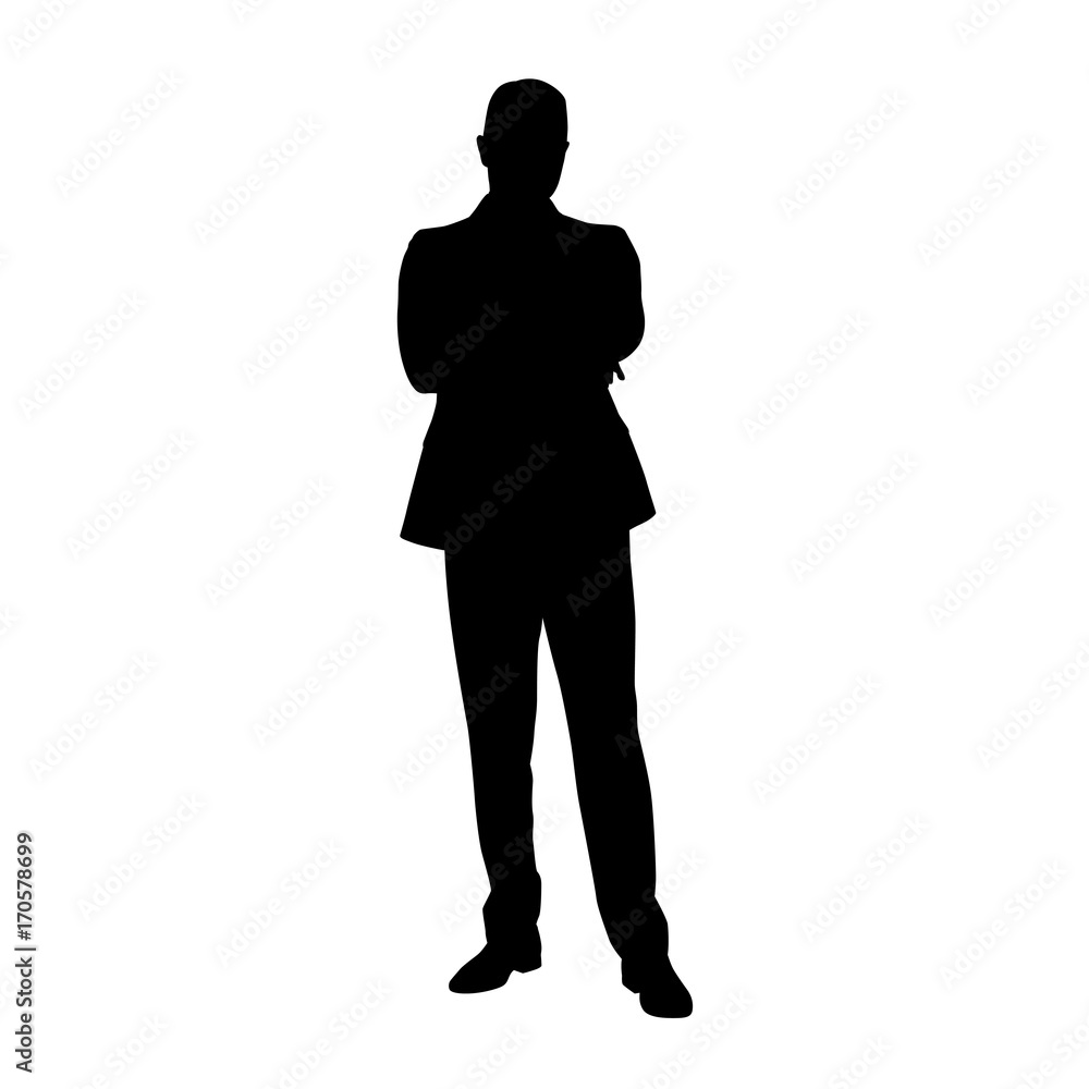 Businessman standing in suit with folded arms and thinking, isolated vector silhouette. Front view Businessman standing in suit with folded arms and thinking, isolated vector silhouette. Front view