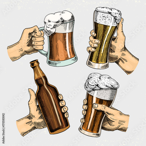Beer glass, mug or bottle of oktoberfest. engraved in ink hand drawn in old sketch and vintage style for web, invitation to party or pub menu. design element isolated on white background.