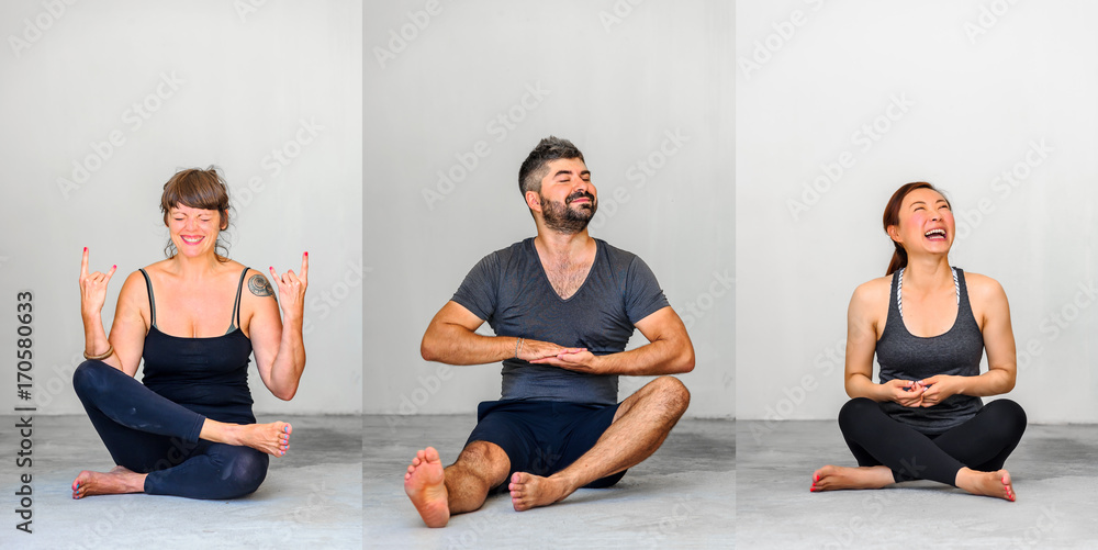Collage of three: Yoga students showing different yoga poses Collage of three: Yoga students showing different yoga poses