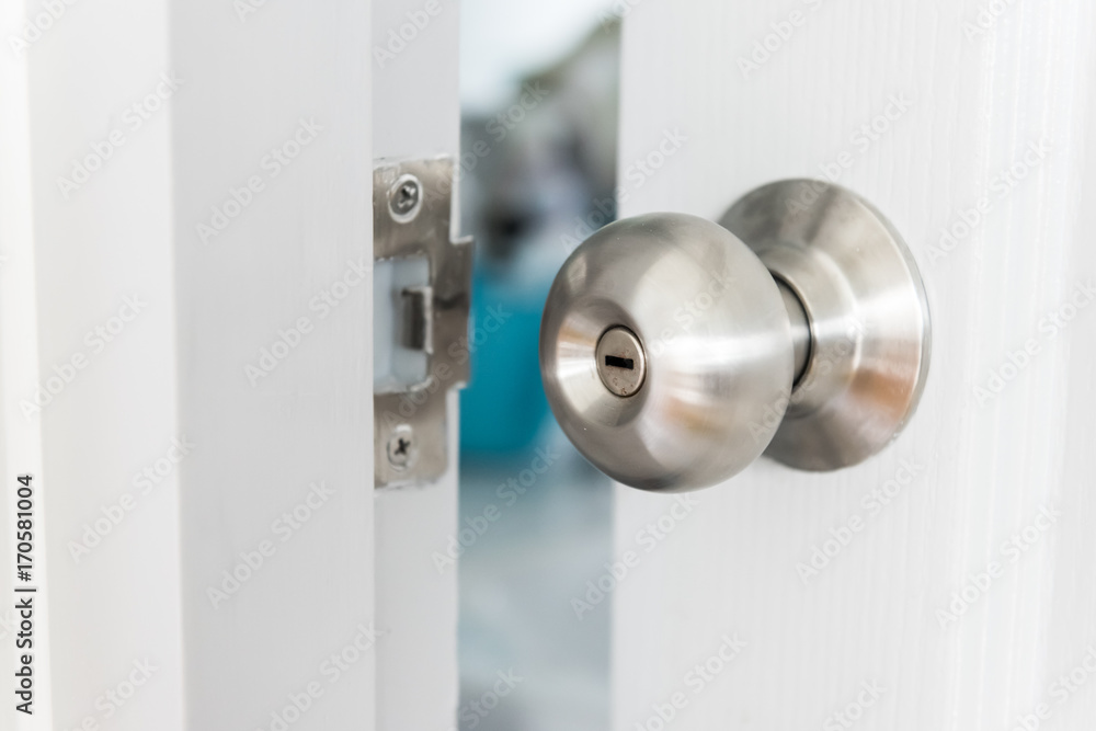 white door with metal doorknob is regular lock style in a house, copy space. white door with metal doorknob is regular lock style in a house, copy space.