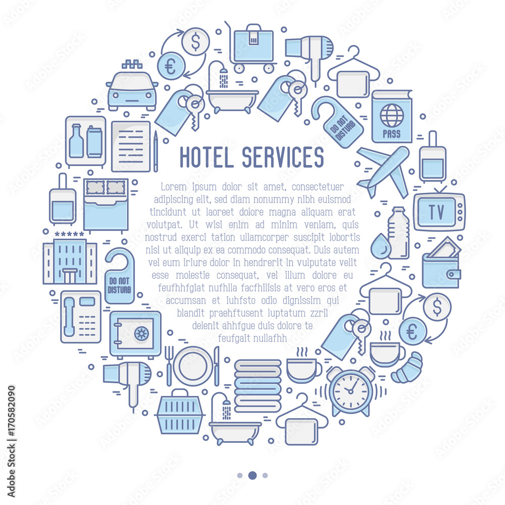 Hotel services concept in circle with thin line icons of facilities in room. Vector illustration for banner, web page, print media. Hotel services concept in circle with thin line icons of facilities in room. Vector illustration for banner, web page, print media.