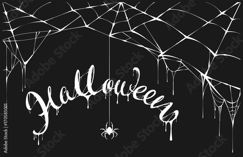 White spider and white spiderweb on black background. Halloween lettering text for greeting card