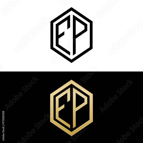 initial letters logo fp black and gold monogram hexagon shape vector