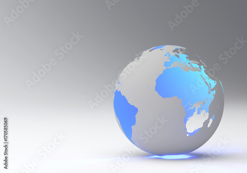 Design of a blue earth globe  transparent continent effect  horizontal view