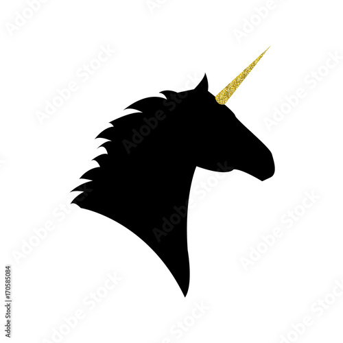 Unicorn head with a golden horn mythical horse in silhouette standing on hind legs photo
