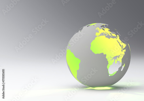 Design of a green earth globe, transparent continent effect, horizontal view