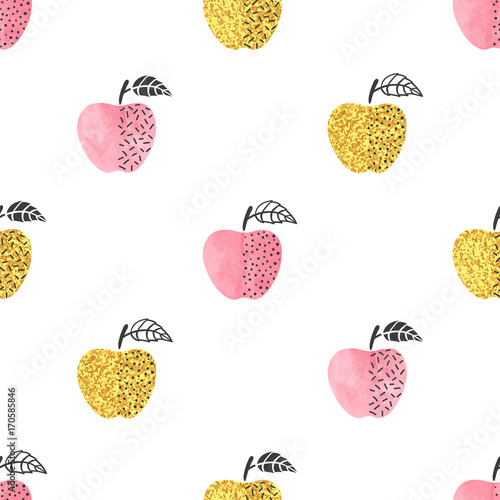 Seamless pattern with pink and golden abstract apples. Vector background.