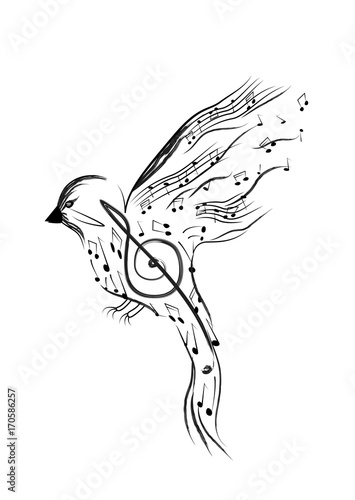 Bird with smaller musical notes isolated on white background. Vector illustration