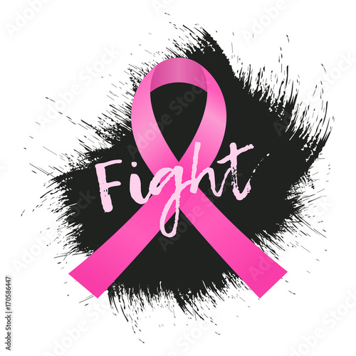 Vector realistic pink ribbon with fight lettering on grunge background. Template for Breast cancer awareness month.