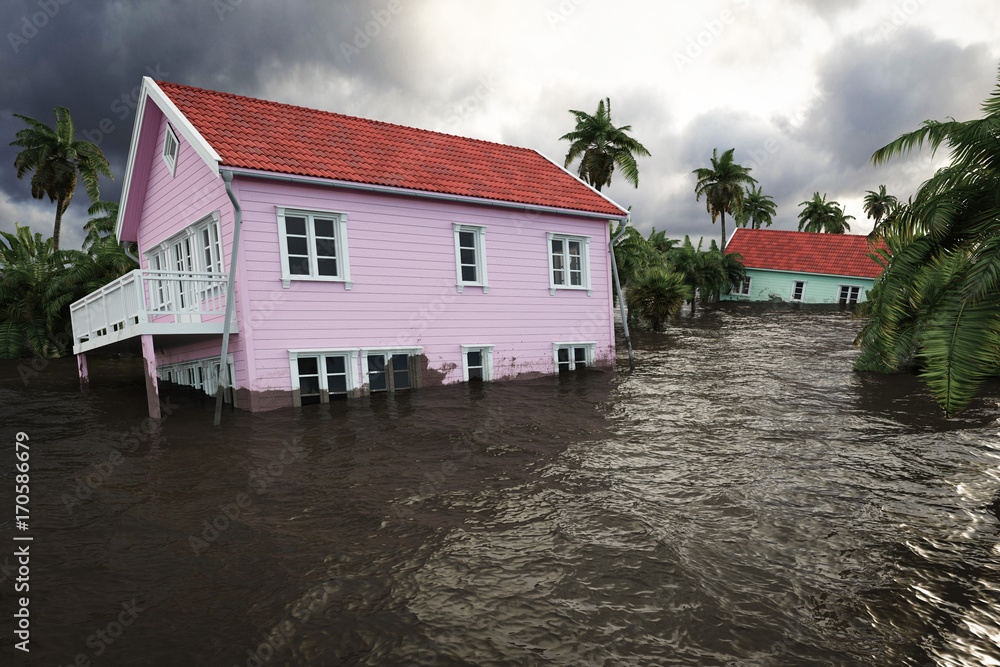 3d rendering. flooding houses 3d rendering. flooding houses