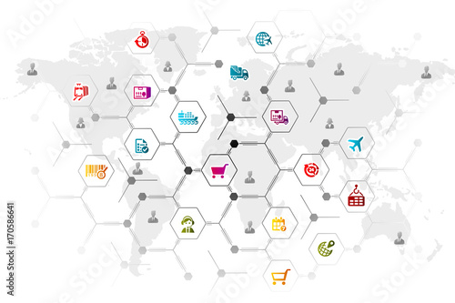 Logistic network grid illustration with icons over world map