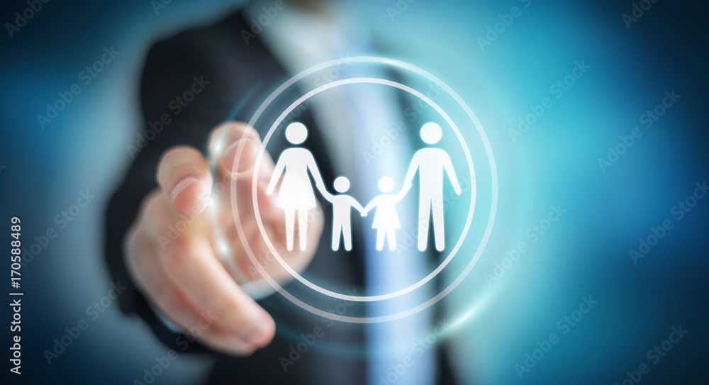 Fototapeta premium Businessman touching family interface with his finger 3D rendering