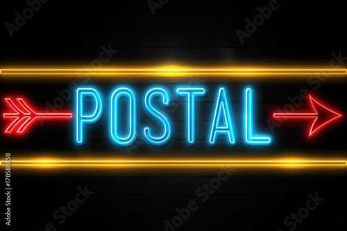 Postal - fluorescent Neon Sign on brickwall Front view
