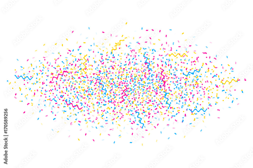 Abstract multicolored background. A lot of small falling confetti. Explosion of confetti from the center