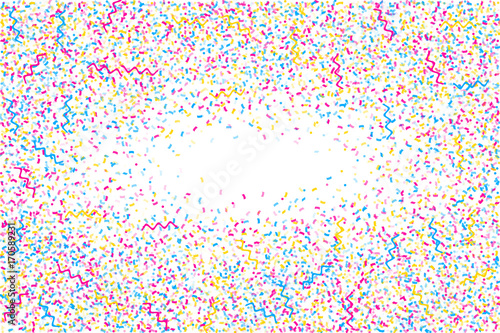 Abstract multicolored background. A lot of small falling confetti. Confetti fly from all sides to the center. Confetti frame