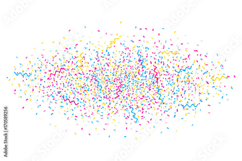Abstract multicolored background. A lot of small falling confetti. Explosion of confetti from the center