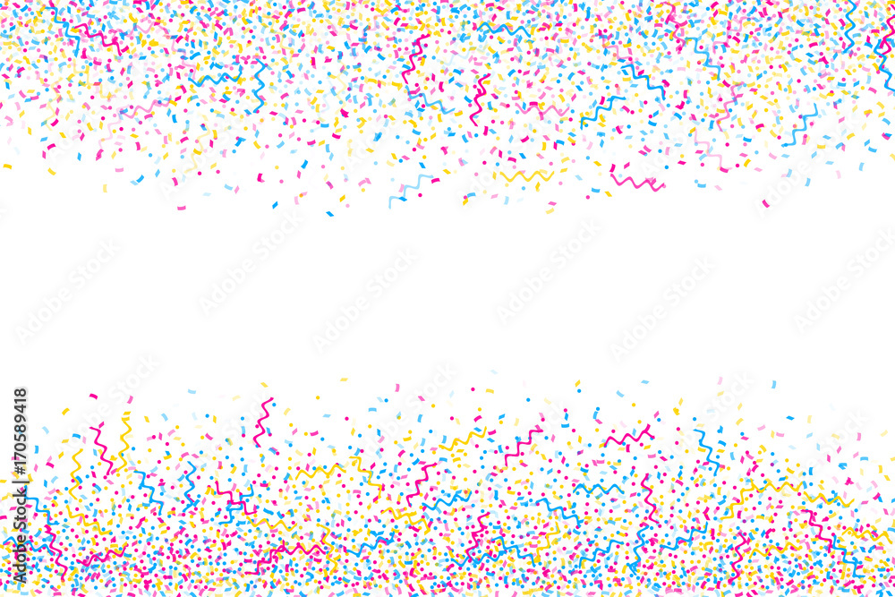 Abstract multicolored background. A lot of small falling confetti. Confetti fly from the top and bottom. Horizontal confetti frame
