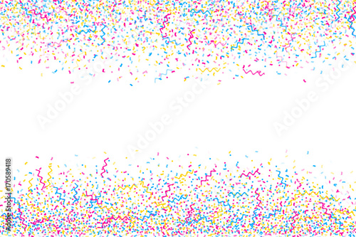 Abstract multicolored background. A lot of small falling confetti. Confetti fly from the top and bottom. Horizontal confetti frame