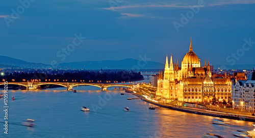 The picturesque landscape of the Parliament and the bridge over the Danube in Budapest, Hungary