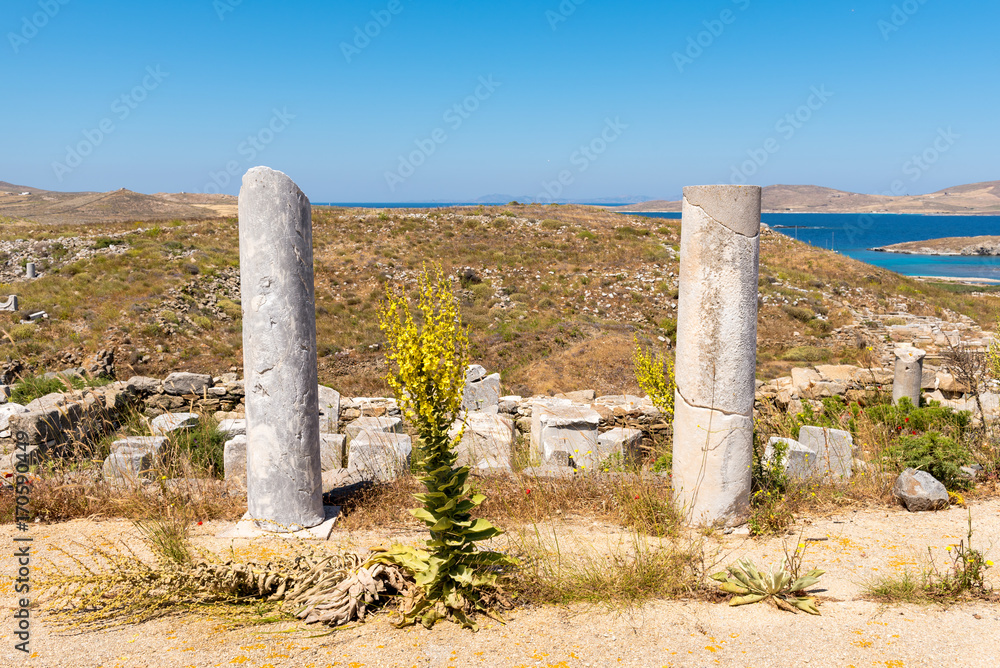 Ancient columns in the Archaeologic Site of Delos island, Cyclades, Greece