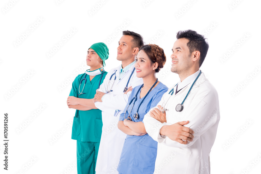 Team of professional doctors isolated on white background in studio , selective focus Team of professional doctors isolated on white background in studio , selective focus