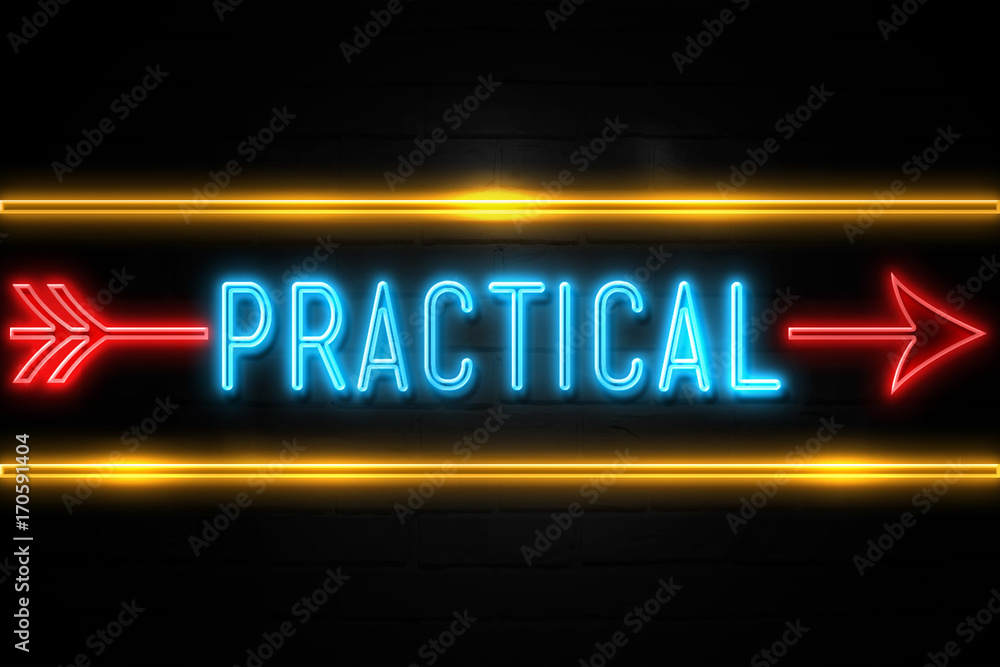 Obraz premium Practical - fluorescent Neon Sign on brickwall Front view
