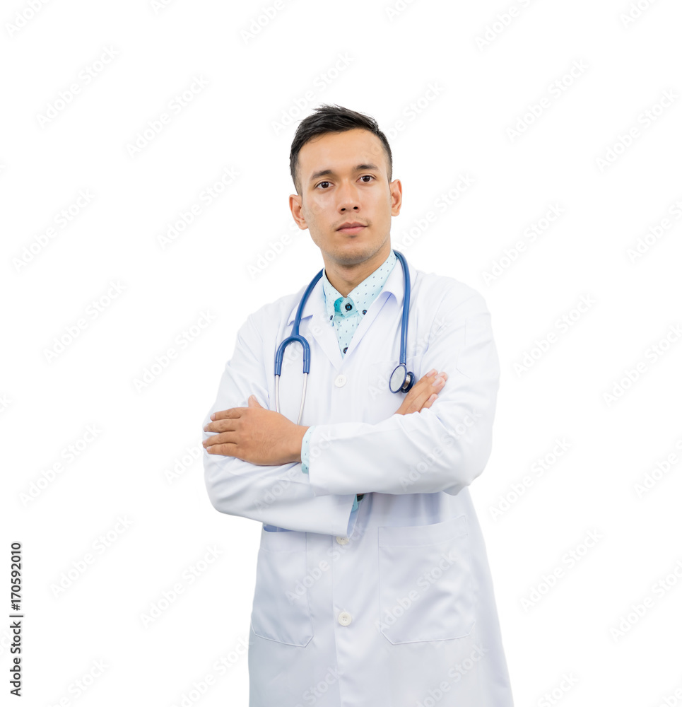 Professional male doctor in white coat with stethoscope ,isolated on white background.health care and medicine concept ,studio Professional male doctor in white coat with stethoscope ,isolated on white background.health care and medicine concept ,studio