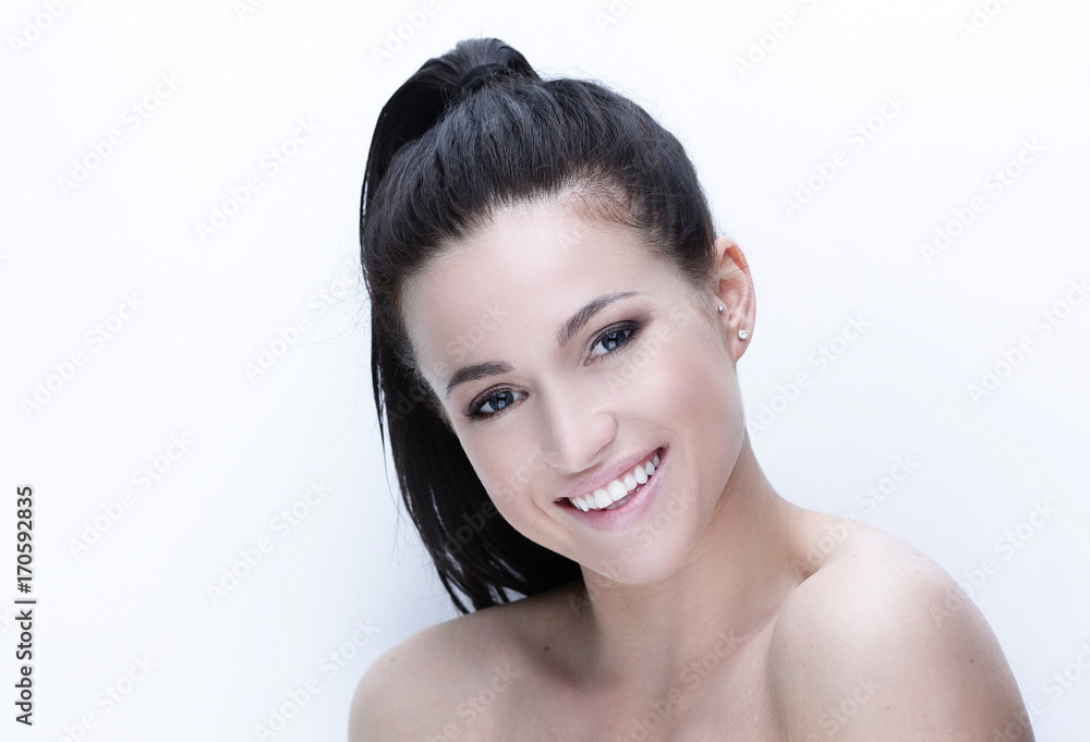 close-up face of a smiling woman with daily make-up. close-up face of a smiling woman with daily make-up.