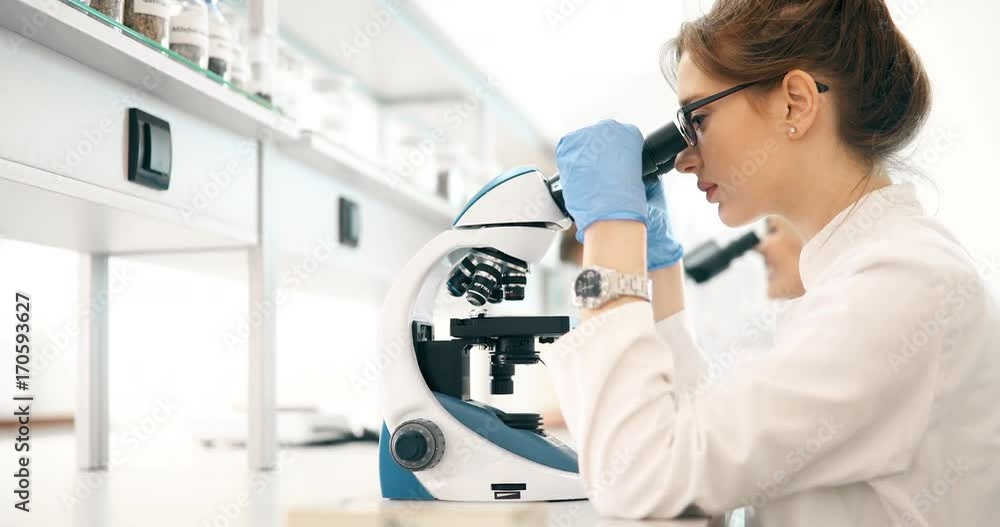 Young scientist looking through microscope in laboratory Young scientist looking through microscope in laboratory