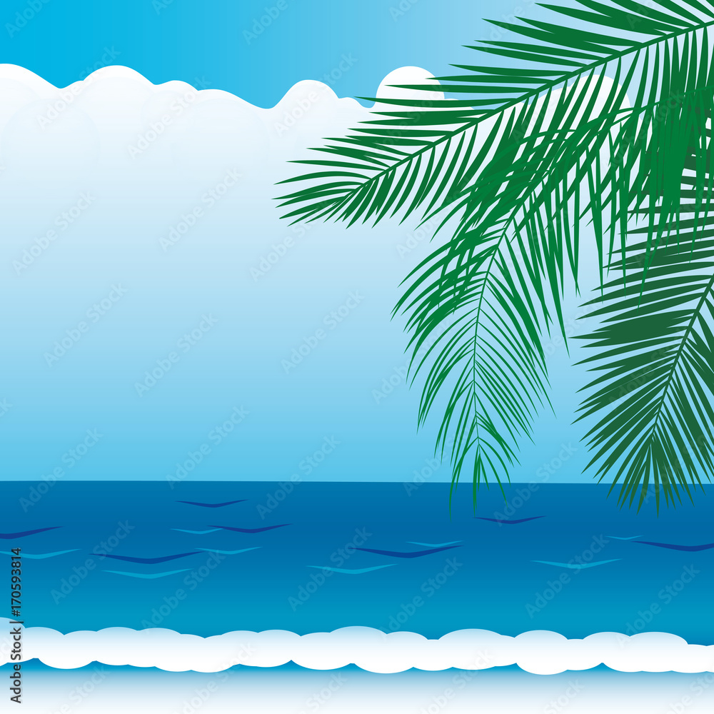 Obraz premium vector background with sea views, branches of palm trees