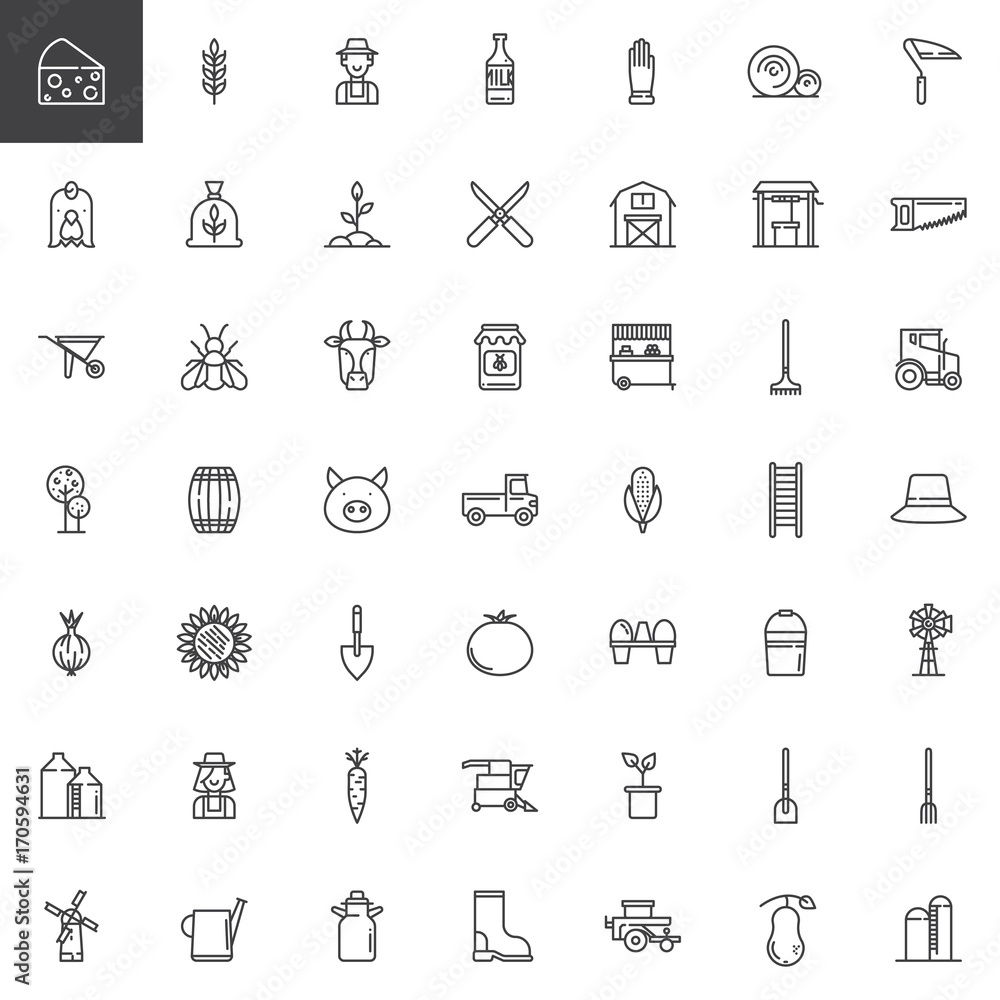Farming and agriculture line icons set, outline vector symbol collection, linear style pictogram pack. Signs, logo illustration. Set includes icons as agriculture equipment, glove, shovel, rake