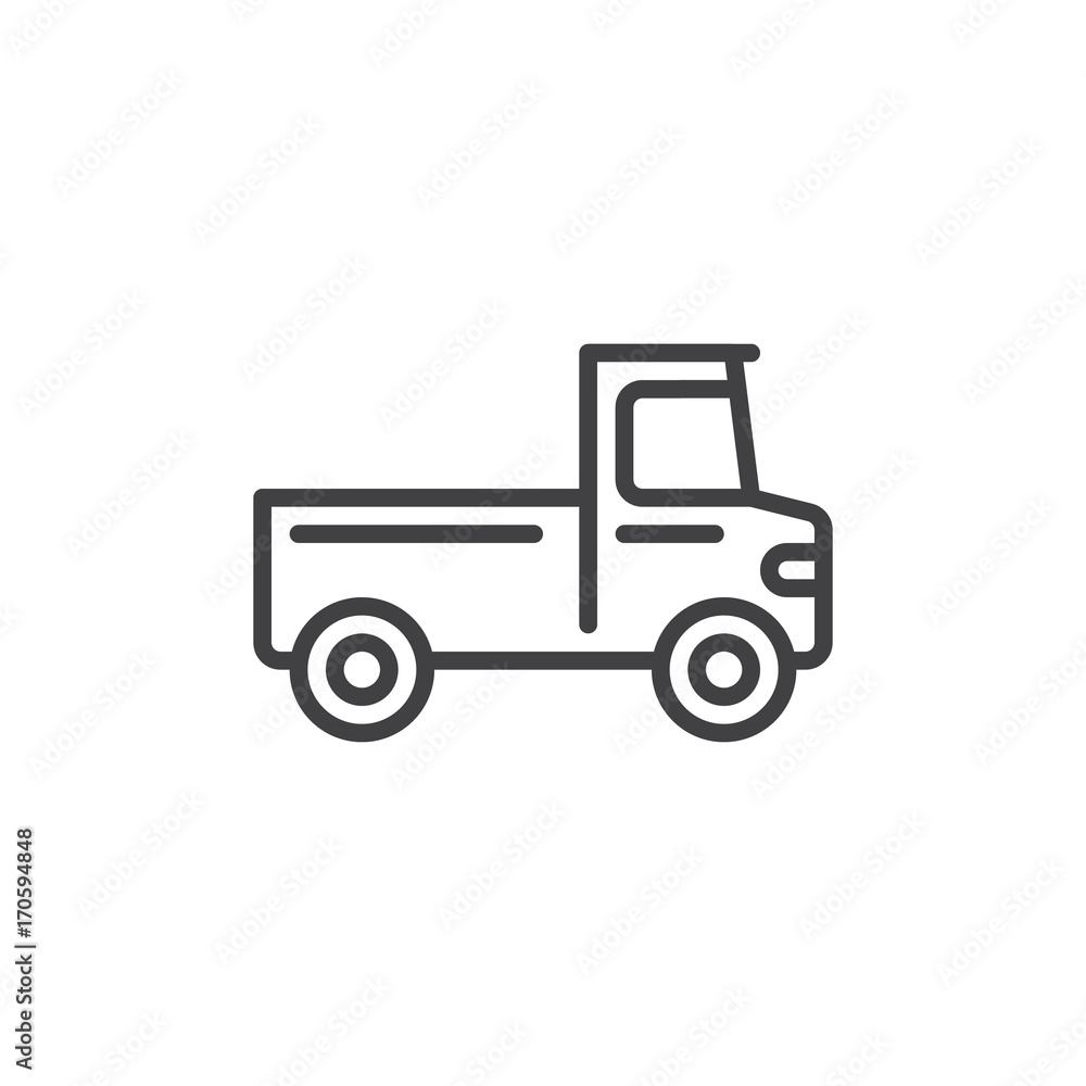 Pickup truck transportation line icon, outline vector sign, linear style pictogram isolated on white. Symbol, logo illustration. Editable stroke Pickup truck transportation line icon, outline vector sign, linear style pictogram isolated on white. Symbol, logo illustration. Editable stroke