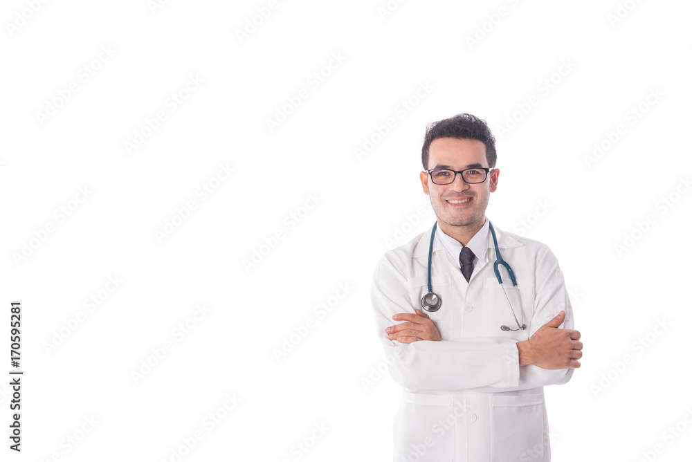Mature male physician posing with arms crossed wearing stethoscope isolated on white,copy space