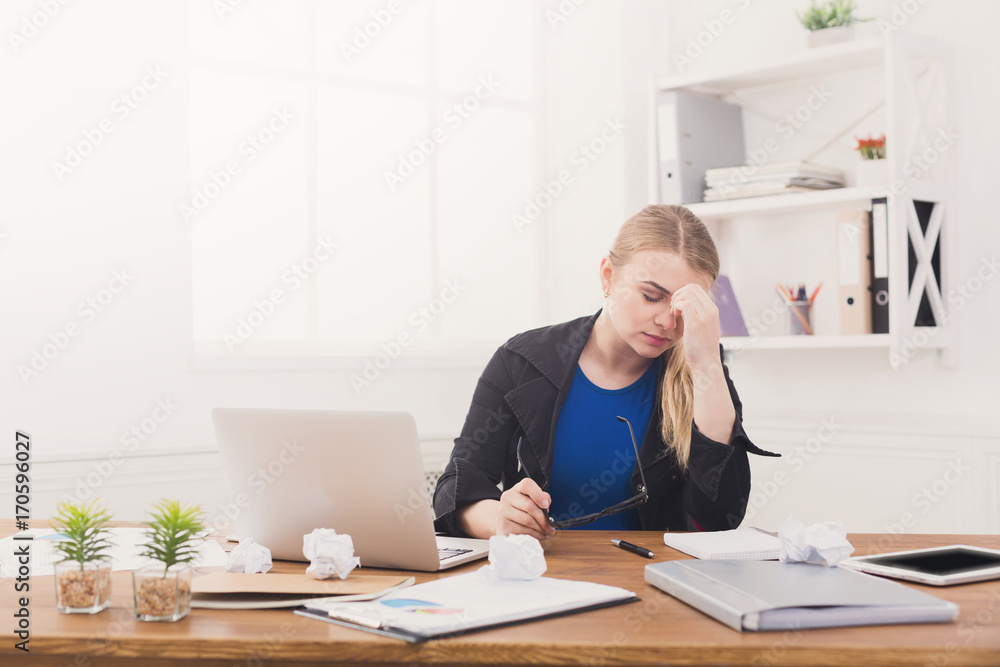 Tired pregnant businesswoman at office copy space Tired pregnant businesswoman at office copy space