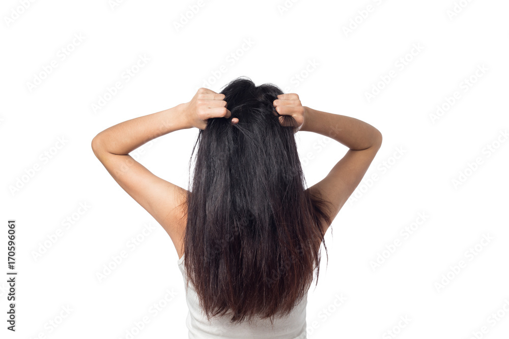 Women itching scalp itchy his hair isolated on white background Women itching scalp itchy his hair isolated on white background